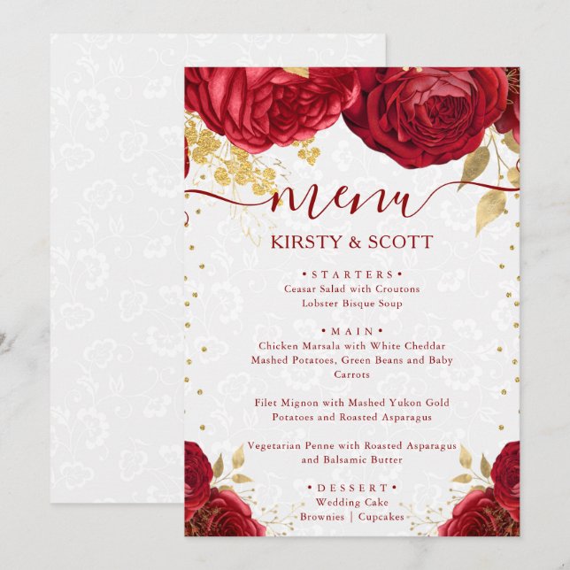 Hochzeit von Aquarellrot und Gold-Blume Menükarte (Vorne/Hinten)