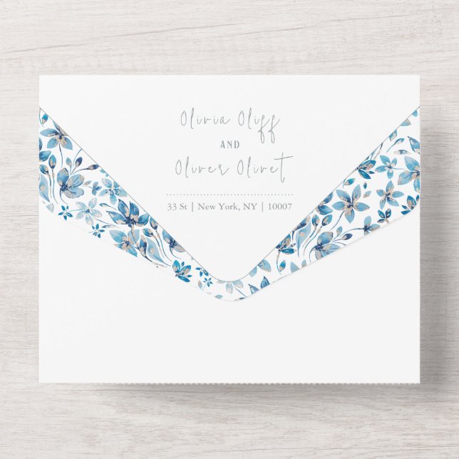 Hochzeit von Blauen Blumen All In One Einladung (Rückseite)