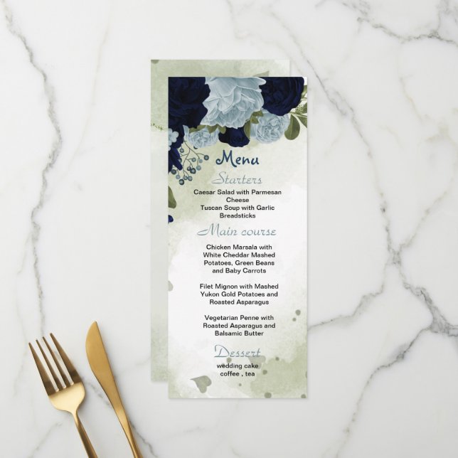 Hochzeit von blauen und marinösen Blumen Menükarte (Vorderseite/Rückseite Beispiel)
