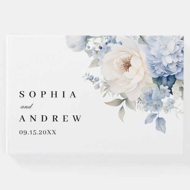 Hochzeit von blauen und weißen Blume Gästebuch (Vorderseite)