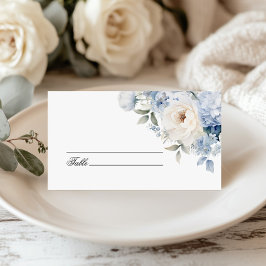 Hochzeit von blauen und weißen Blume Platzkarte