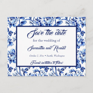 Hochzeit von blauen und weißen Blumen Ankündigungspostkarte