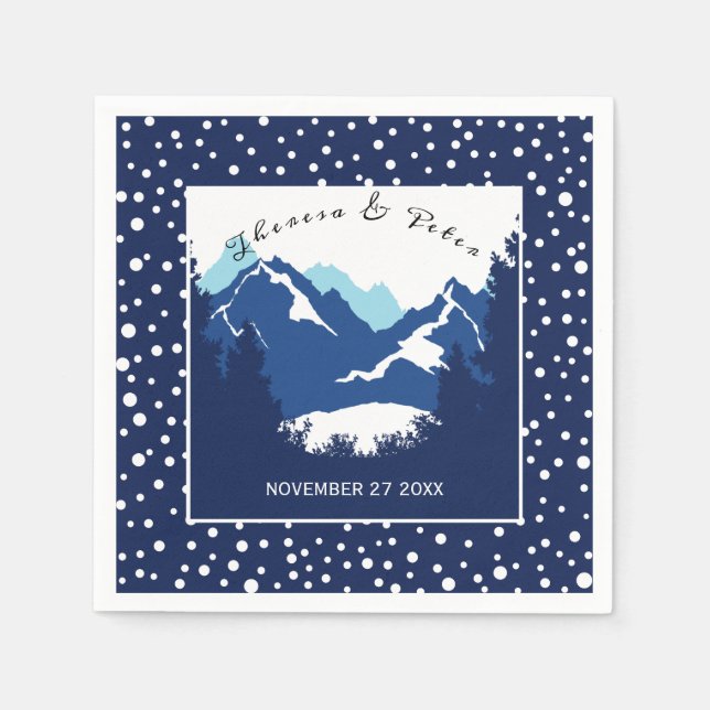 Hochzeit von Blauen, weißen Bergen und Polka-Punkt Serviette (Vorderseite)