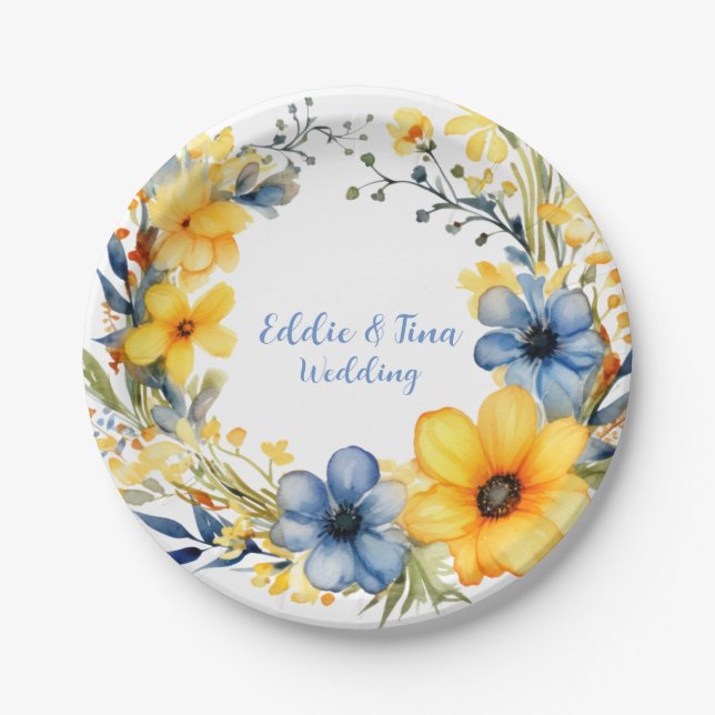 Hochzeit von Blauer und Gelber Peony Wreath Pappteller (Vorderseite)