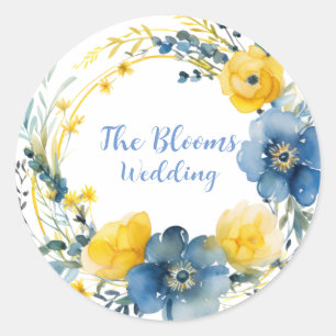 Hochzeit von Blauer und Gelber Peony Wreath Runder Aufkleber