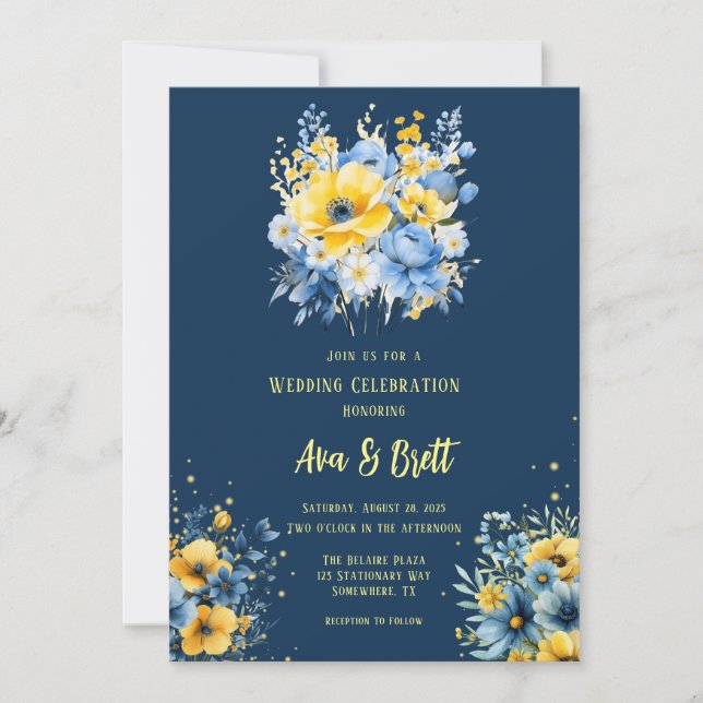 Hochzeit von blaugelbgestrichenen blumengelben Gol Einladung (Vorderseite)