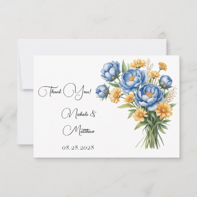Hochzeit von Blaupony und Gelben Daisies Dankeskarte (Vorderseite)