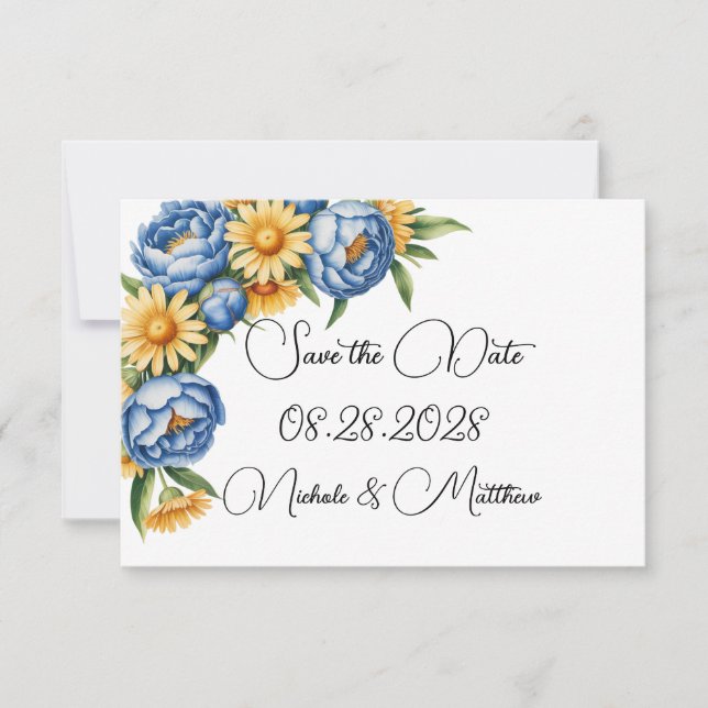 Hochzeit von Blaupony und Gelben Daisies Save The Date (Vorderseite)
