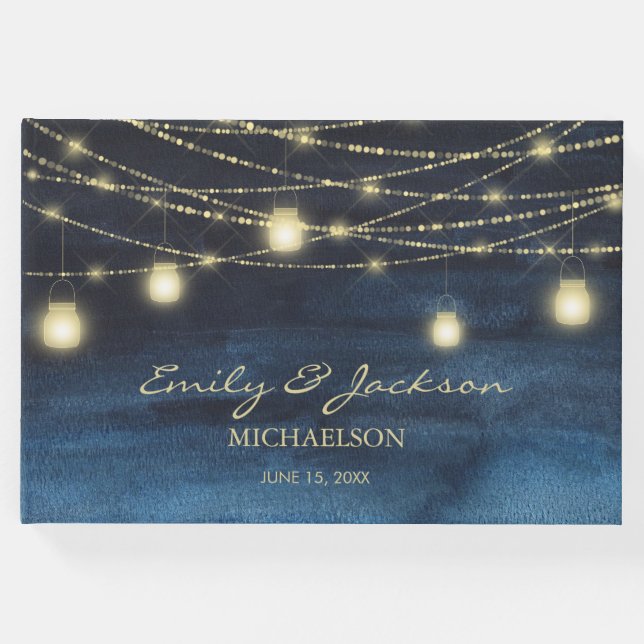 Hochzeit von Blue Gold Glitzer String Lights Gästebuch (Vorderseite)