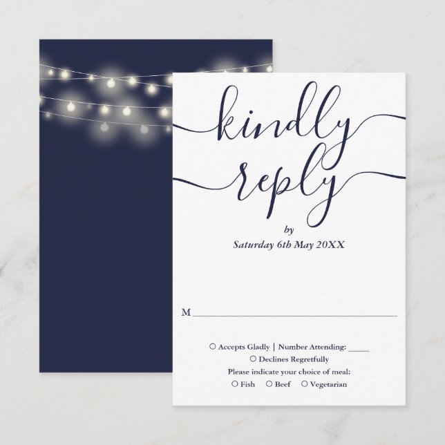 Hochzeit von Blue Script String Lights RSVP Karte (Vorne/Hinten)