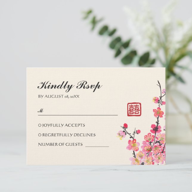 Hochzeit von Blume mit chinesischer Tinte RSVP Karte (Stehend Vorderseite)