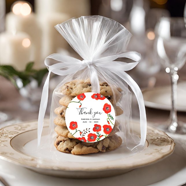 Hochzeit von Blume Red Poppies Runder Aufkleber (Flowers Red Poppies wedding Classic Round Sticker)