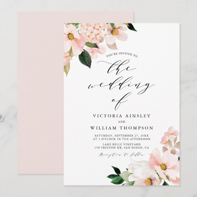 Hochzeit von Blush Pink Magnolias und Hydrangeas Einladung (Vorne/Hinten)