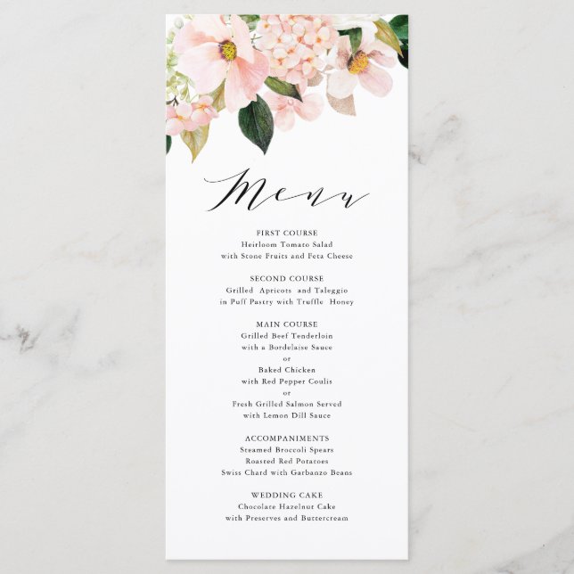 Hochzeit von Blush Pink Magnolias und Hydrangeas Menükarte (Vorderseite)