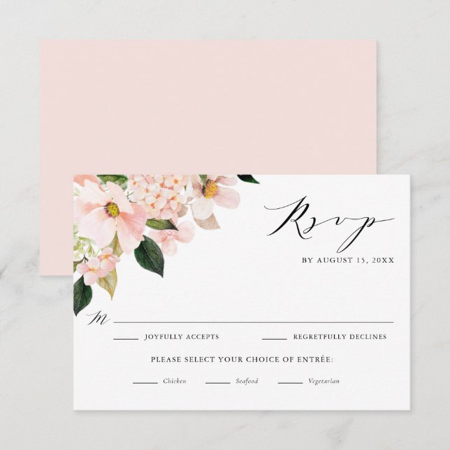 Hochzeit von Blush Pink Magnolias und Hydrangeas RSVP Karte (Vorne/Hinten)