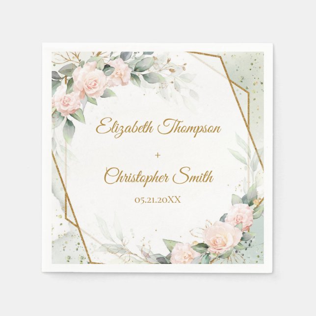 Hochzeit von Blüten und Gold und Eukalyptus Serviette (Vorderseite)
