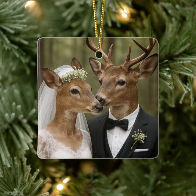 Hochzeit von Bock und Reh im Wald Keramikornament (Baum)