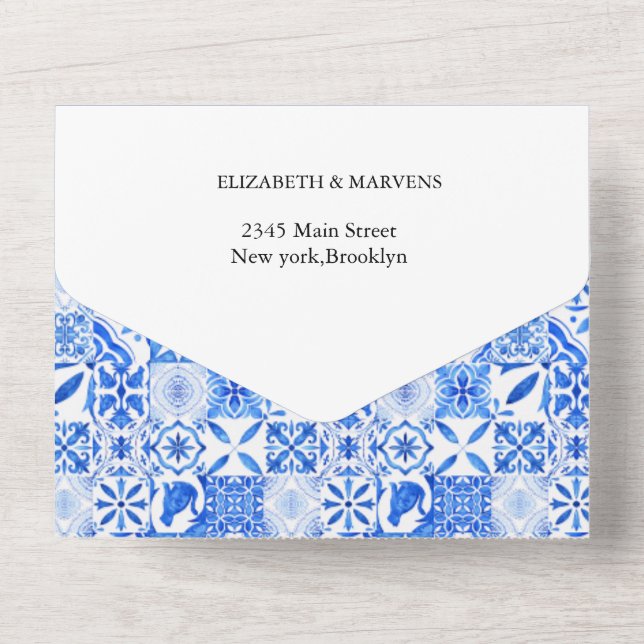 Hochzeit von Boho Blue tile und Lemon Arch All In One Einladung (Rückseite)