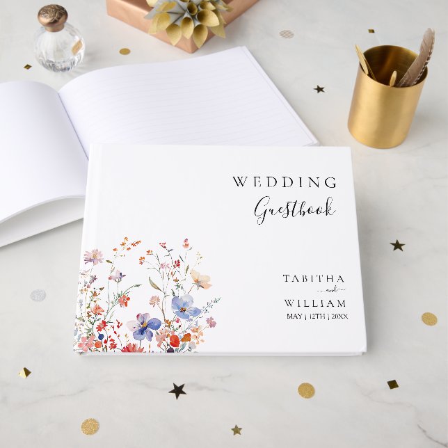 Hochzeit von Boho Floral Wildblume Gästebuch (Vorderseite Offen)