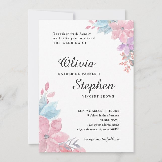 Hochzeit von botanischem Blumen in Aquarellfarbe.  Einladung (Vorderseite)