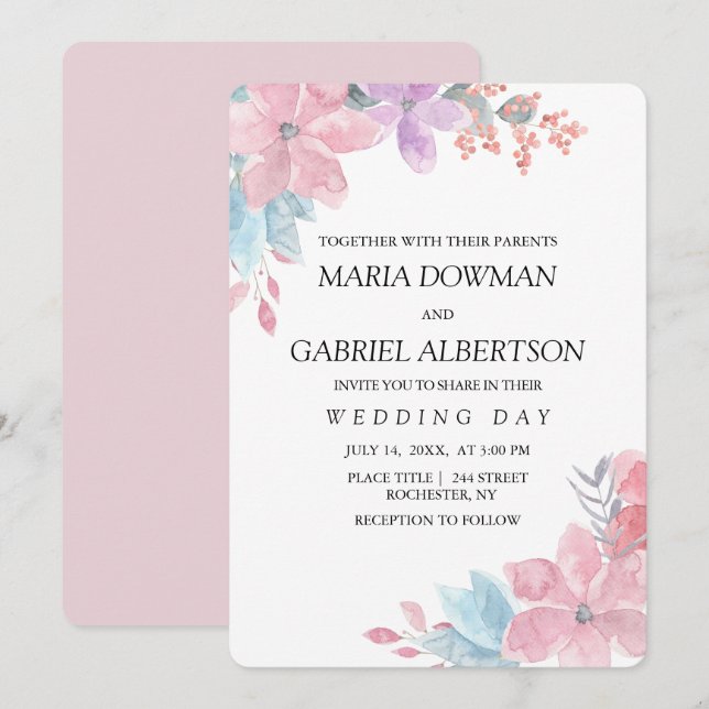 Hochzeit von botanischem Blumen in Aquarellfarbe.  Einladung (Vorne/Hinten)