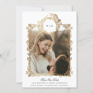 Hochzeit von botanischen Rahmen in Gold Save The Date