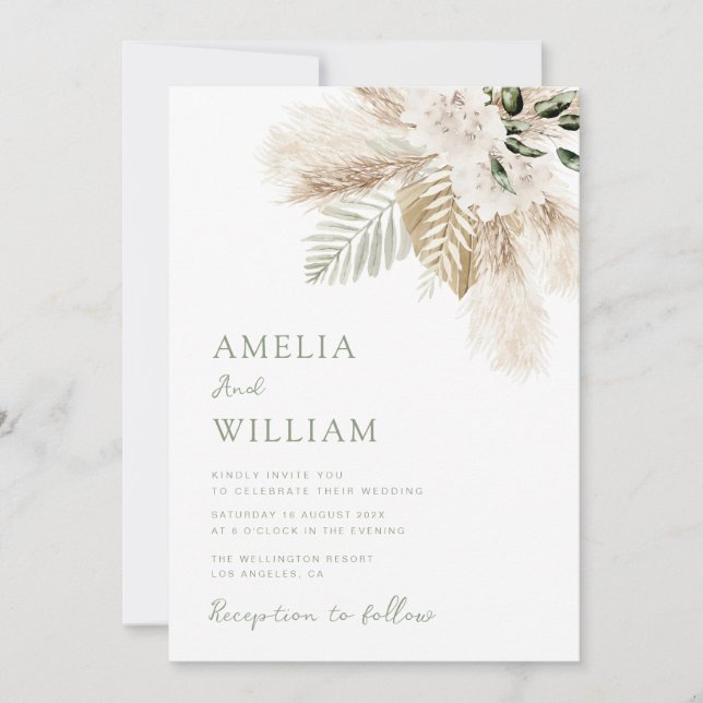 Hochzeit von braunem Weiß und Pampas Einladung (Vorderseite)