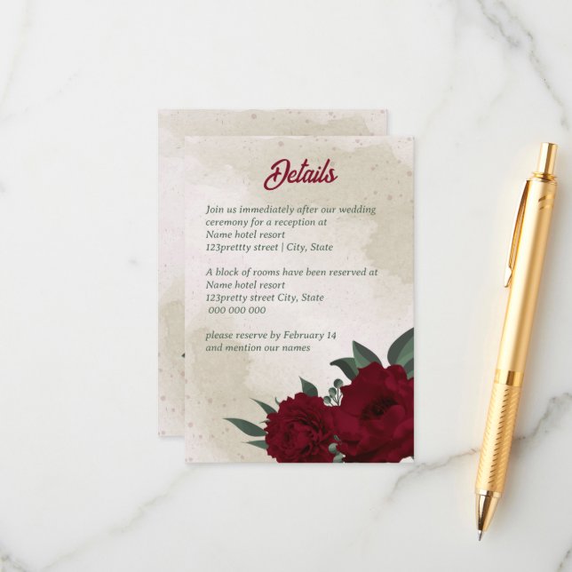 Hochzeit von Burgund Blume Begleitkarte (Vorderseite/Rückseite Beispiel)