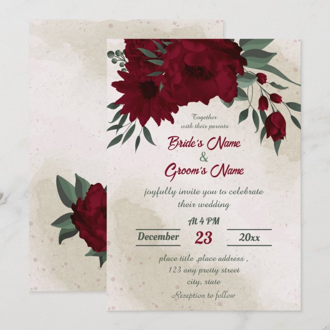 Hochzeit von Burgund Blume Einladung (Vorne/Hinten)