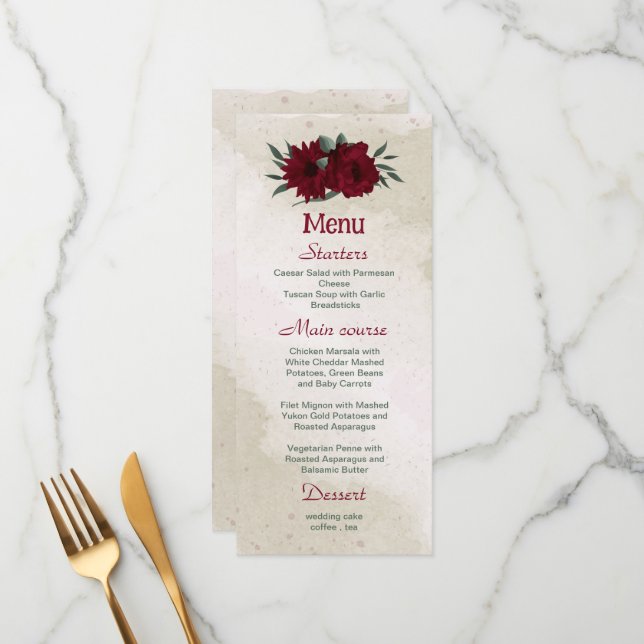 Hochzeit von Burgund Blume Menükarte (Vorderseite/Rückseite Beispiel)