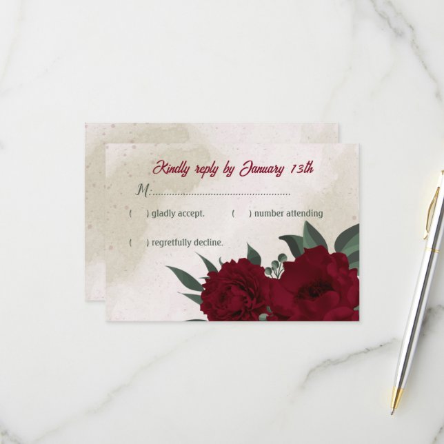 Hochzeit von Burgund Blume RSVP Karte (Vorderseite/Rückseite Beispiel)