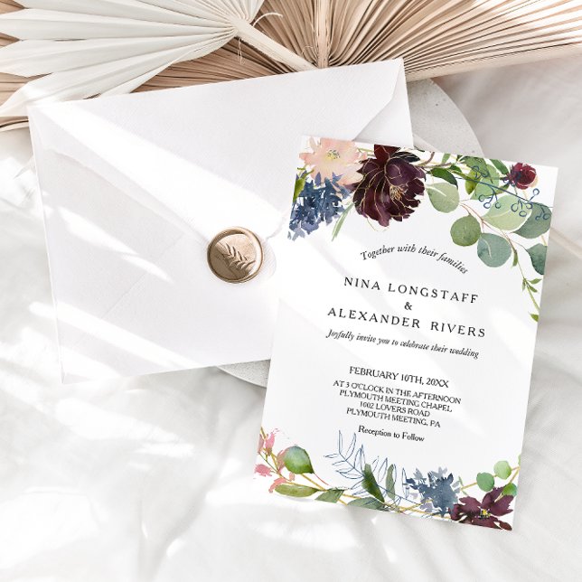 Hochzeit von Burgund Blumen und Grünpflanzen Einladung (Von Creator hochgeladen)