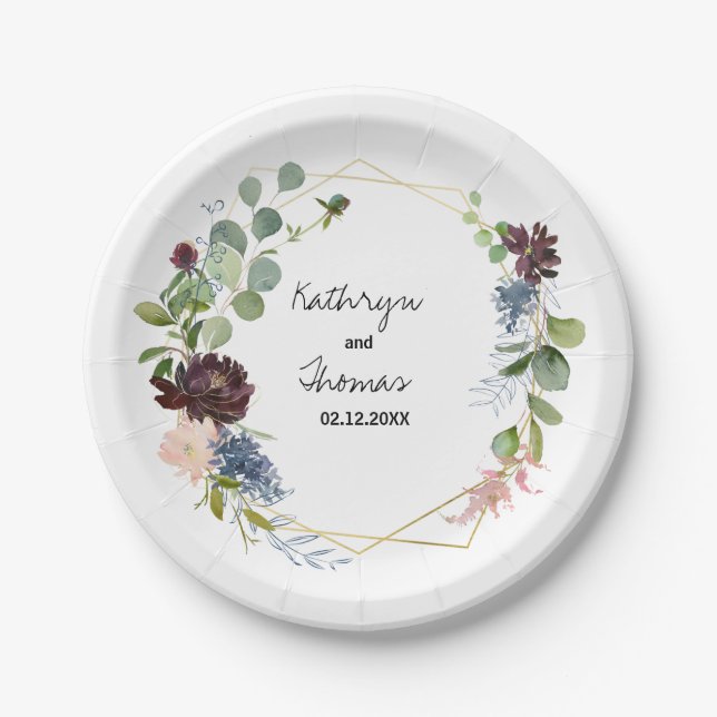 Hochzeit von Burgund Blumen und Grünpflanzen Pappteller (Vorderseite)