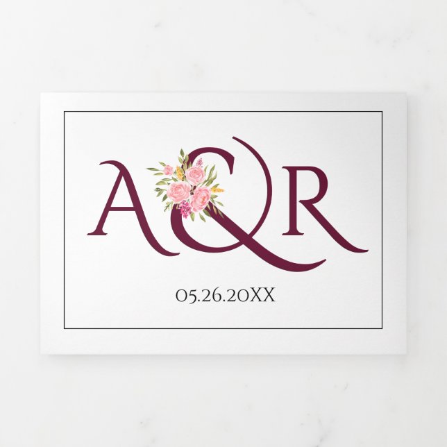 Hochzeit von Burgund-Initialen und Ampero-Rosen Dreifach Gefaltete Einladung (Cover)