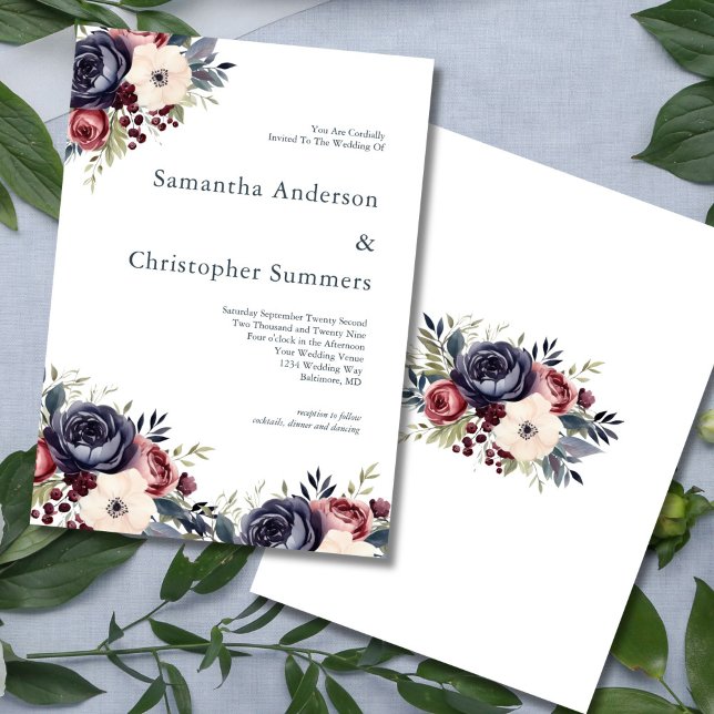 Hochzeit von Burgund-Marineblacht Einladung (Burgundy Navy Cream Watercolor Florals Elegant Wedding Invitation. Printed or Digital Download)