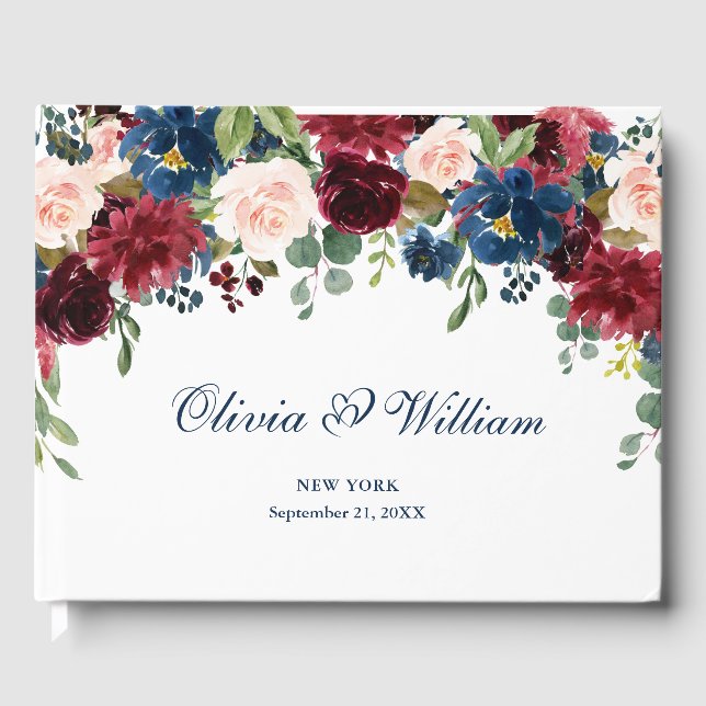 Hochzeit von Burgund Navy Blush Floral Gästebuch (Vorderseite)