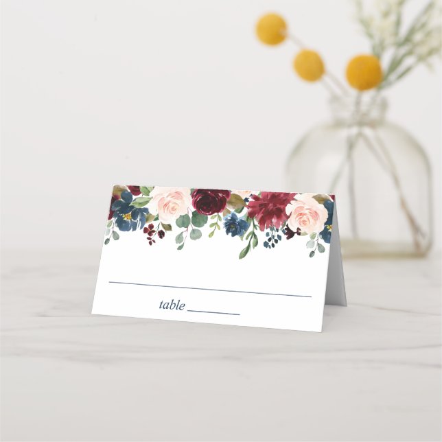 Hochzeit von Burgund Navy Blush Floral Platzkarte (Vorderseite)