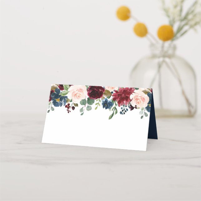 Hochzeit von Burgund Navy Blush Floral Platzkarte (Vorderseite)