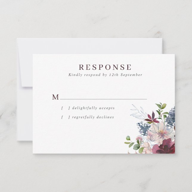 Hochzeit von Burgund Navy & Blush RSVP Karte (Vorderseite)