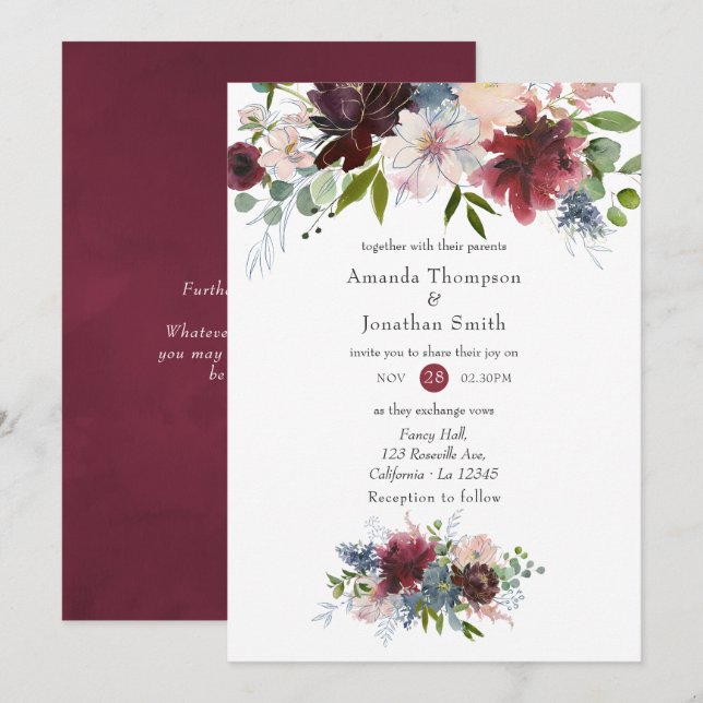 Hochzeit von Burgund, Navy und Blush Pink Einladung (Vorne/Hinten)