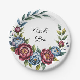 Hochzeit von Burgund Peony und Blue Rose Pappteller
