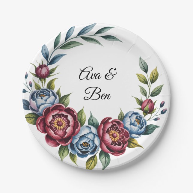Hochzeit von Burgund Peony und Blue Rose Pappteller (Vorderseite)