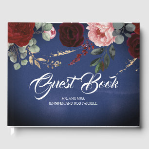 Hochzeit von Burgund Rot und Navy Blauer Flora Gästebuch
