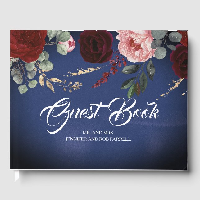 Hochzeit von Burgund Rot und Navy Blauer Flora Gästebuch (Vorderseite)