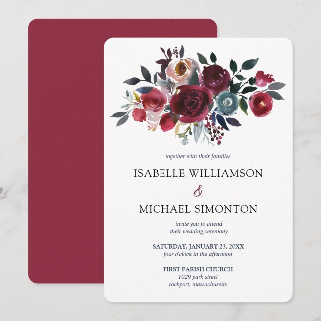 Hochzeit von Burgund Rot und Rosa Rose Einladung (Vorne/Hinten)