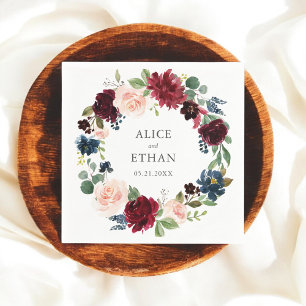 Hochzeit von Burgund und Blauen Blüten Serviette