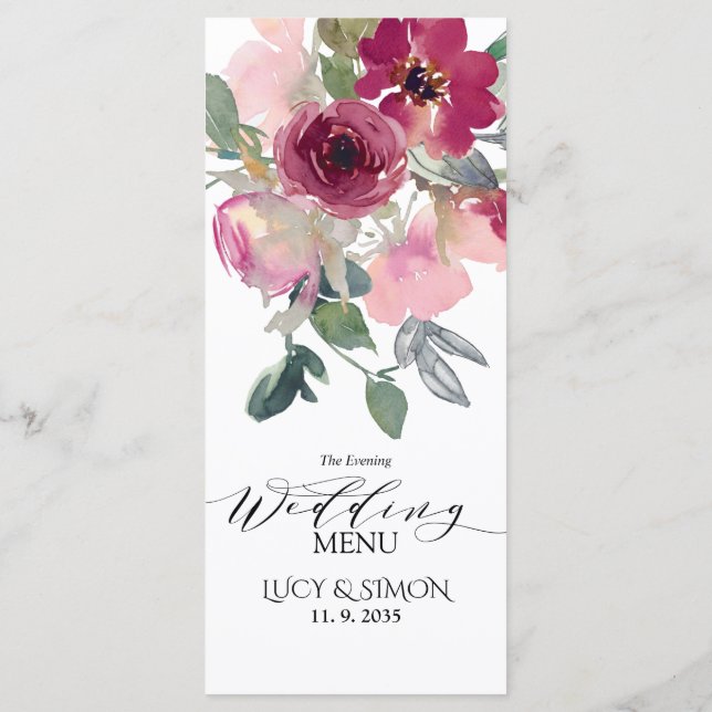 Hochzeit von Burgund und Blütenblütenblüte Abend Menükarte (Rückseite)