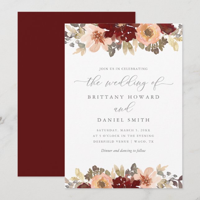 Hochzeit von Burgund und Peach Blumengrün Einladung (Vorne/Hinten)