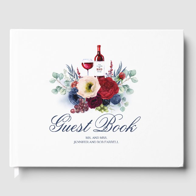 Hochzeit von Burgunder Rot und Navy Blütenwein Gästebuch (Vorderseite)