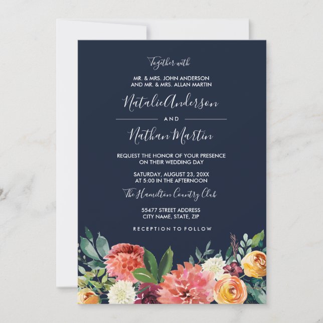 Hochzeit von Burgundy Peach Navy Wasserfarbe Einladung (Vorderseite)
